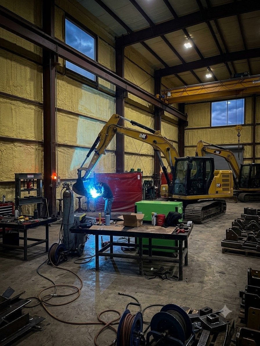 Evening welding work beside a Cat excavator under the bridge crane at Arch Machinery